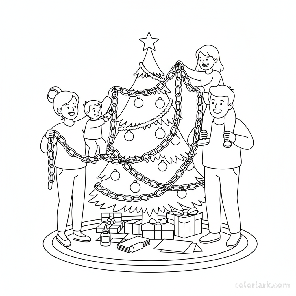Black and white line art of a family decorating a Christmas tree with homemade paper chain garland.