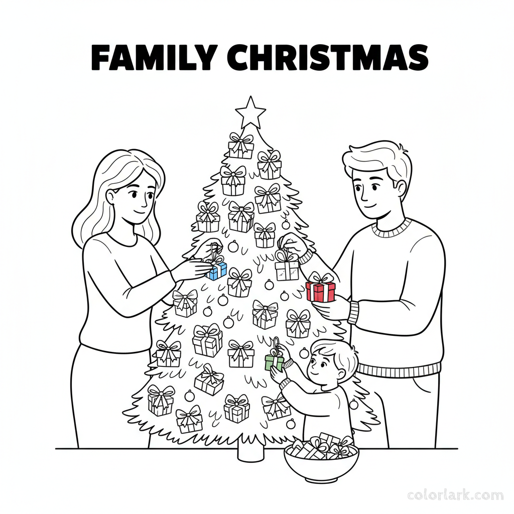 Black and white line art of a family decorating a Christmas tree with miniature gift box ornaments and ribbons.