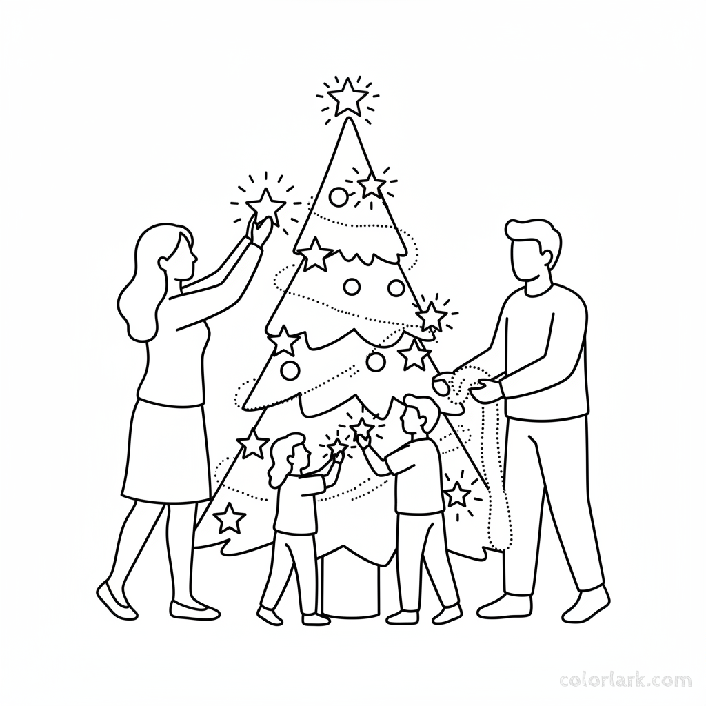 Line art of a family decorating a Christmas tree with sparkly star-shaped lights and glitter garland.