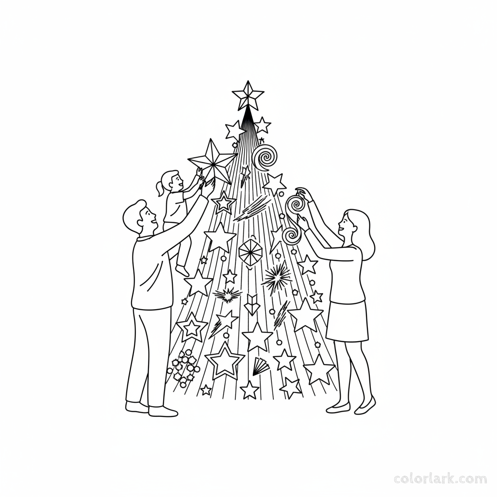 Line art of a family decorating a Christmas tree with star-shaped ornaments of varying sizes.