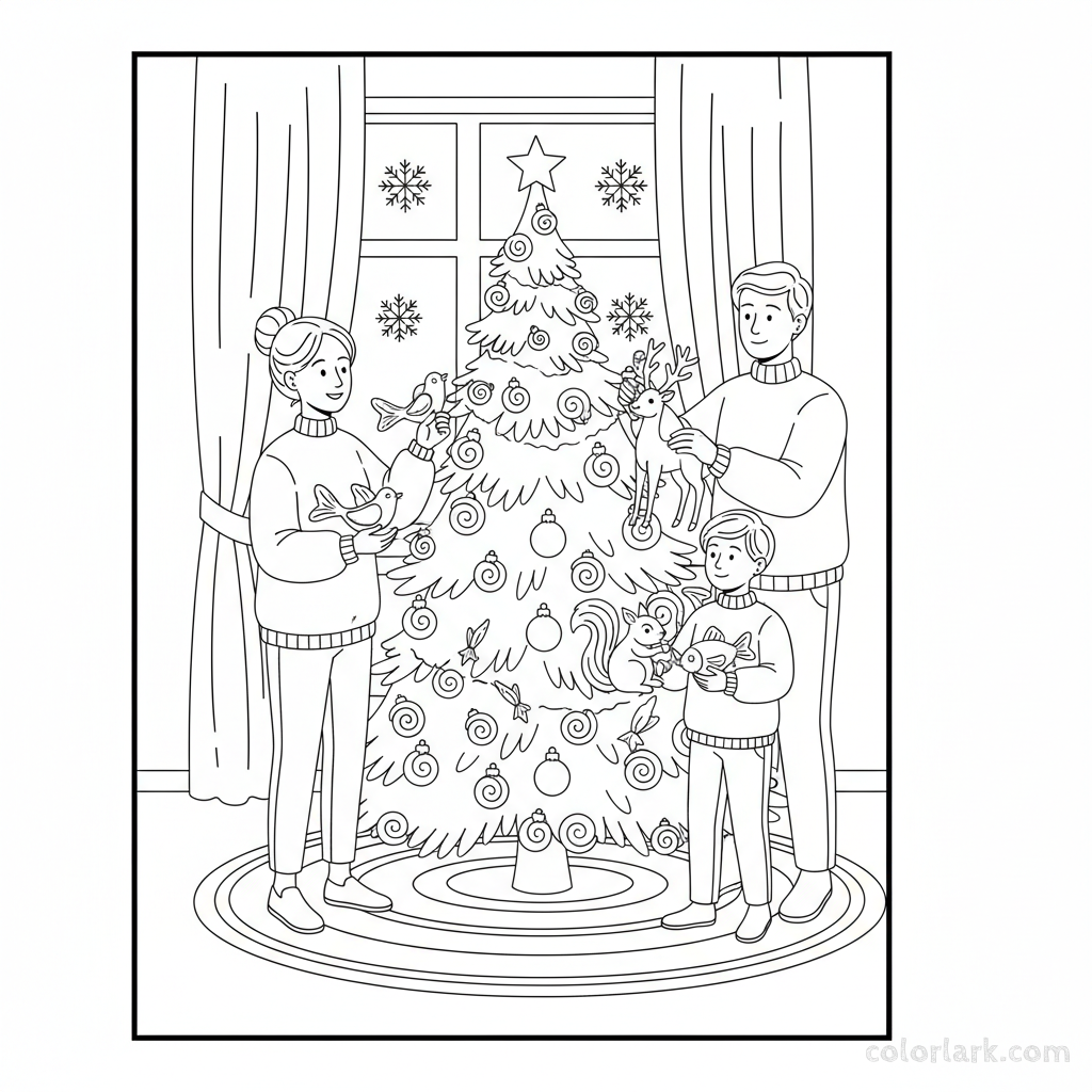 Line art of a family decorating a Christmas tree with unique hand-blown glass animal ornaments.