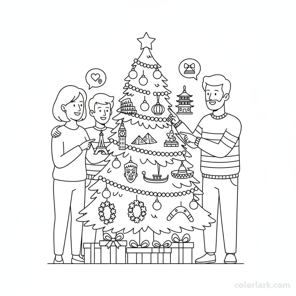 Line art of a family decorating a Christmas tree with unique travel souvenir ornaments.