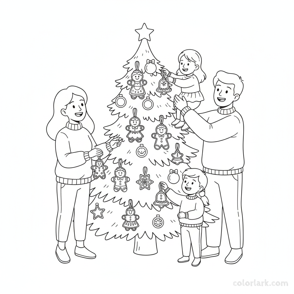 Line art of a family decorating a Christmas tree with whimsical gingerbread family ornaments.