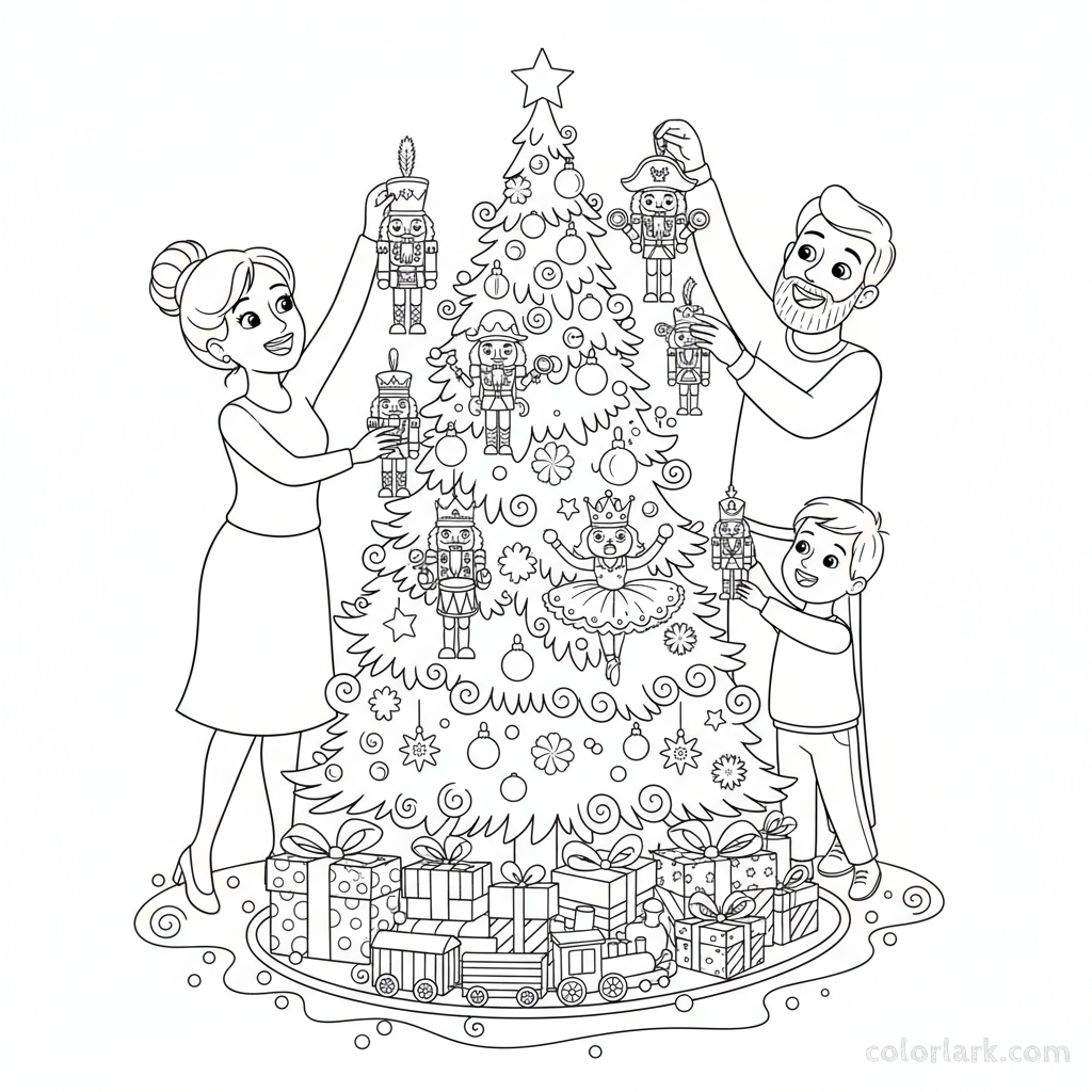 Line art of a family decorating a Christmas tree with whimsical themed nutcracker ornaments.