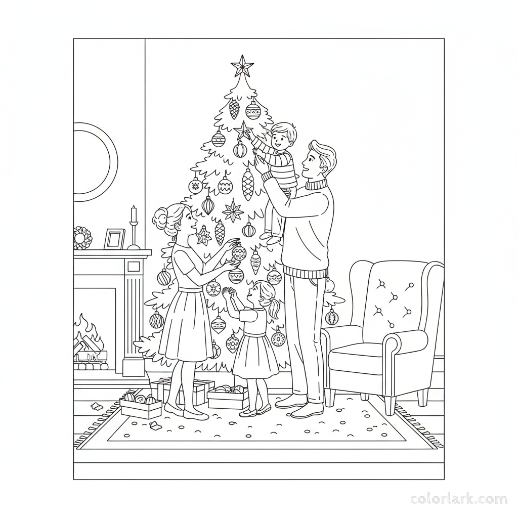 Black and white line art of a family decorating a Christmas tree with classic heirloom ornaments.