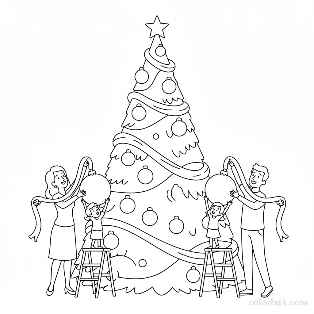 Line art of a family decorating a grand Christmas tree with oversized baubles and lush garland.