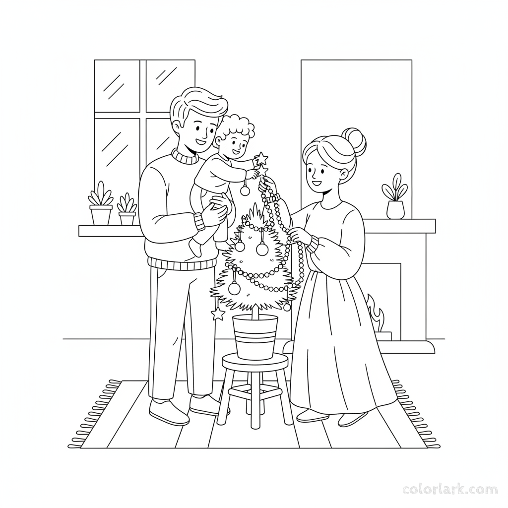Black and white line art of a family decorating a small potted evergreen Christmas tree with simple ornaments.