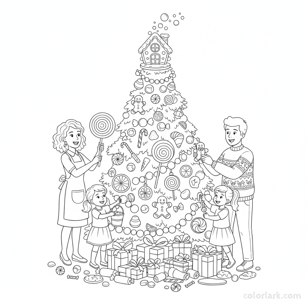 Line art of a family decorating a vibrant 'Candy Land' themed Christmas tree with sweet ornaments.