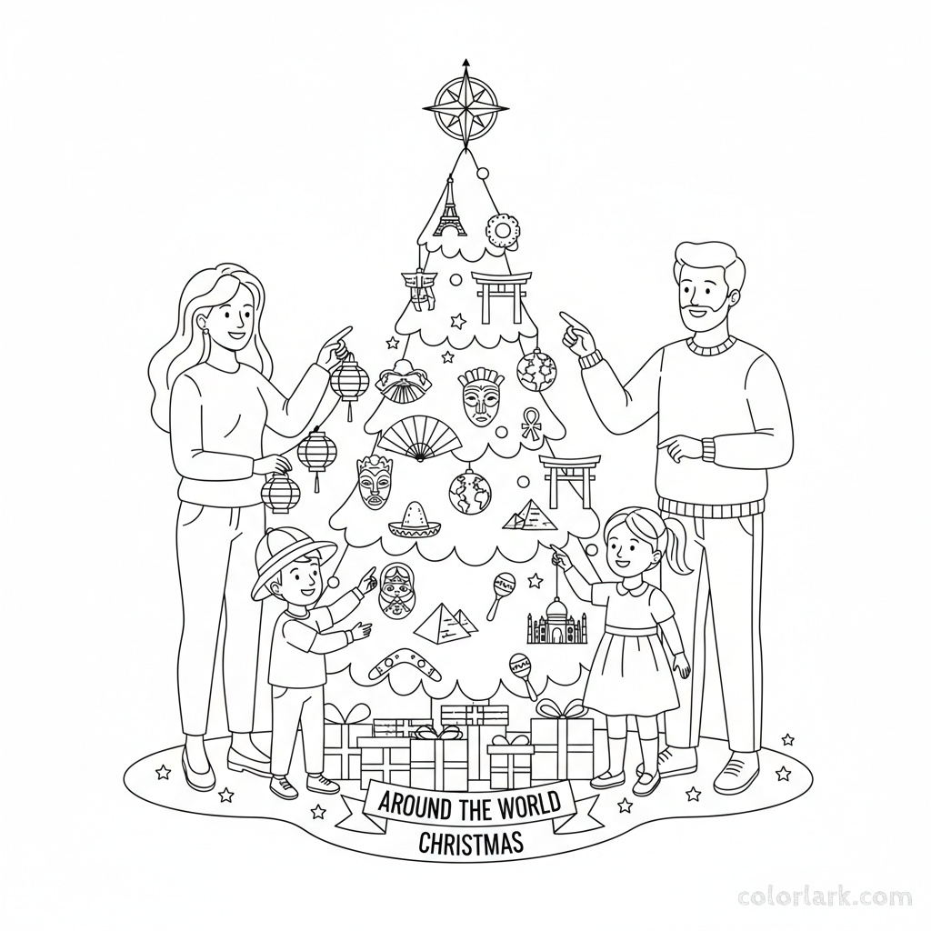 Line art of a family decorating a whimsical 'Around the World' themed Christmas tree with global ornaments.
