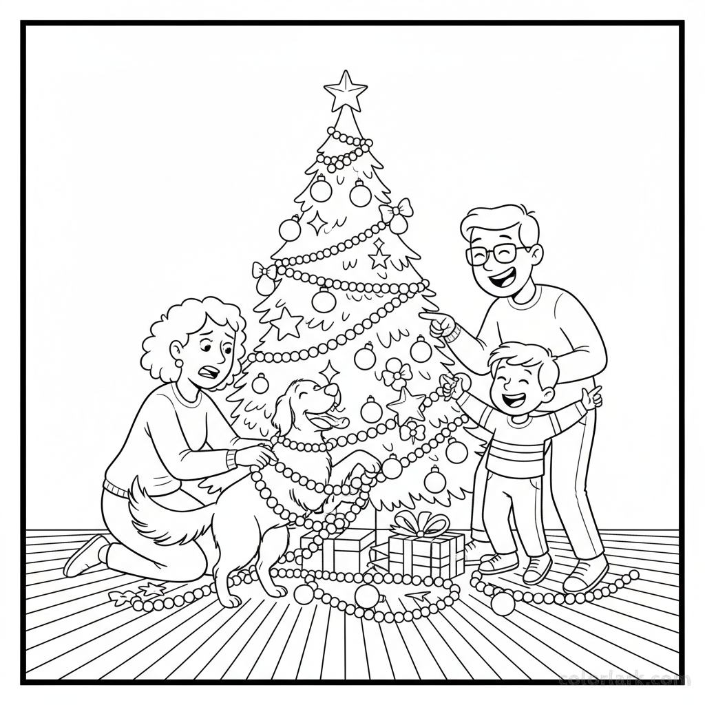 Black and white line art of a family dog playfully tangled in garland while 'helping' decorate a Christmas tree.