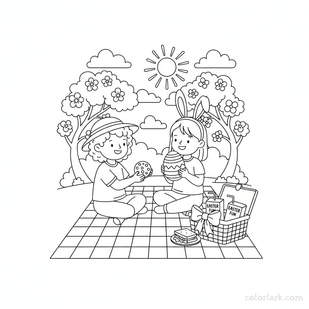 Black and white line art of two children enjoying an outdoor Easter picnic on a blanket with food and an Easter egg.