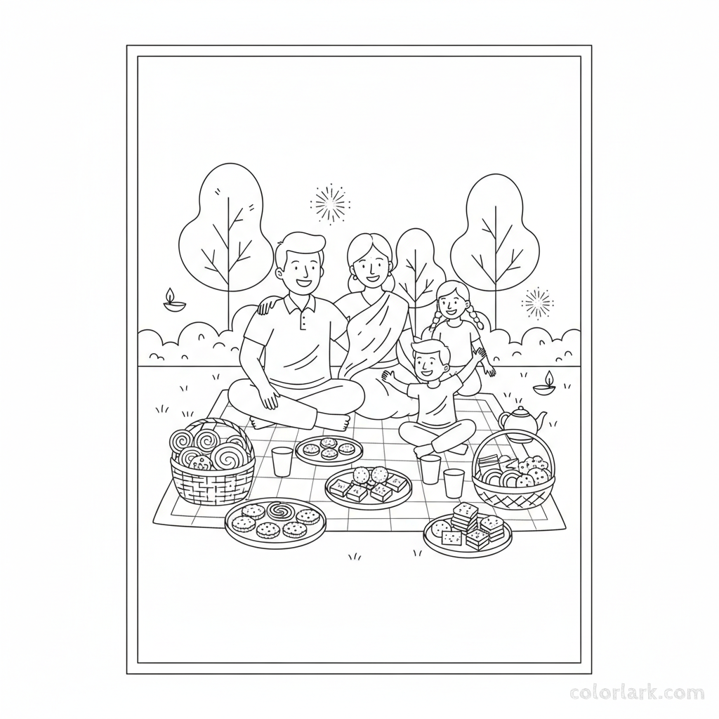 A family enjoying a cozy Diwali picnic outdoors with festive snacks, showing happiness and togetherness, black-and-white line art