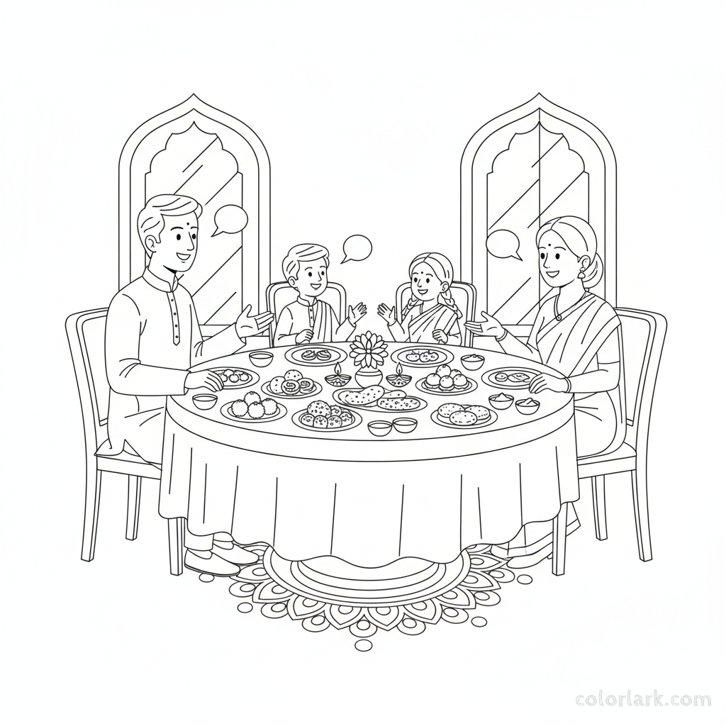 A family enjoying a grand Diwali feast together around a dining table, with various dishes, black-and-white line art