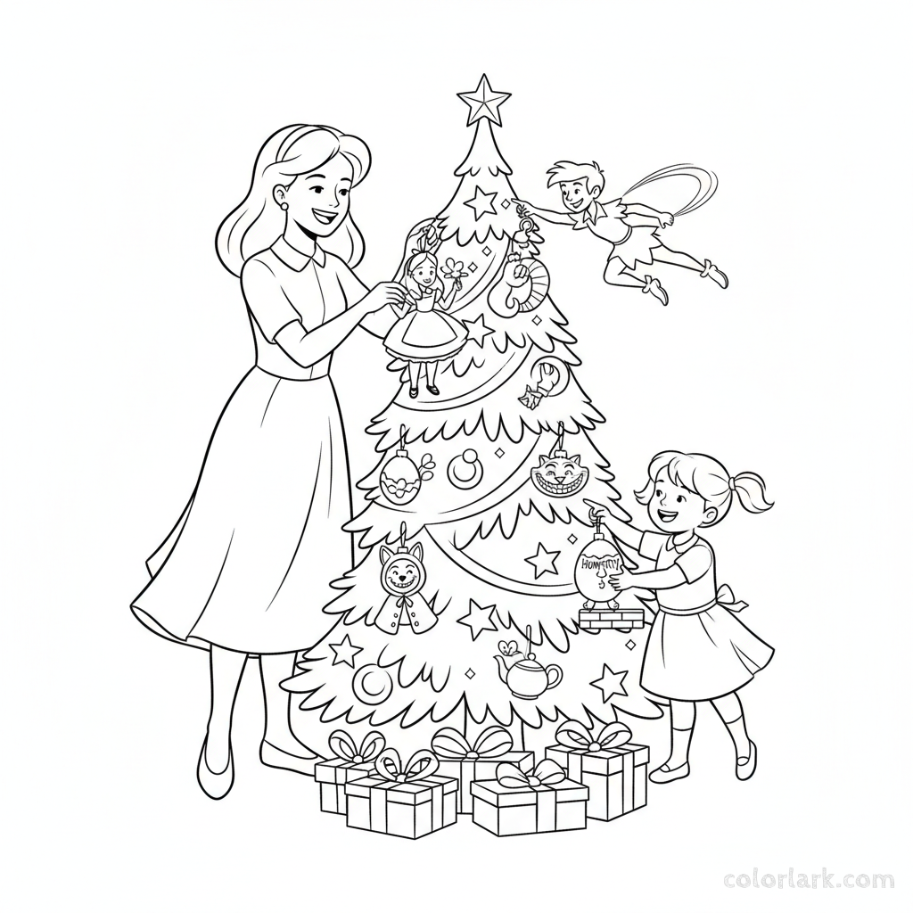 Black and white line art of a family hanging ornaments shaped like classic storybook characters on a Christmas tree.