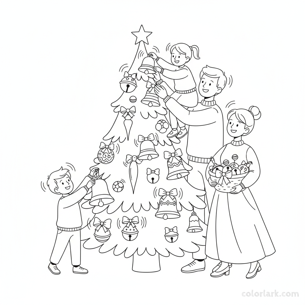 Line art of a family hanging ornaments shaped like traditional Christmas bells on a festive tree.