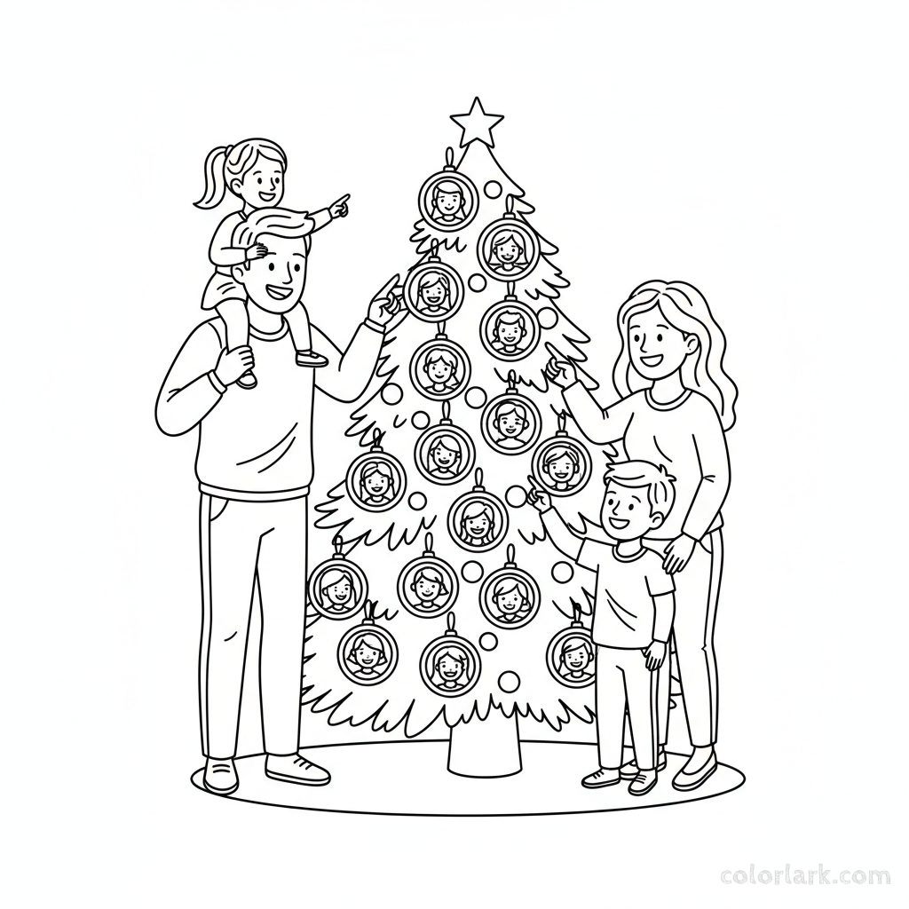 Line art of a family hanging photo ornaments with faces of loved ones on a Christmas tree.