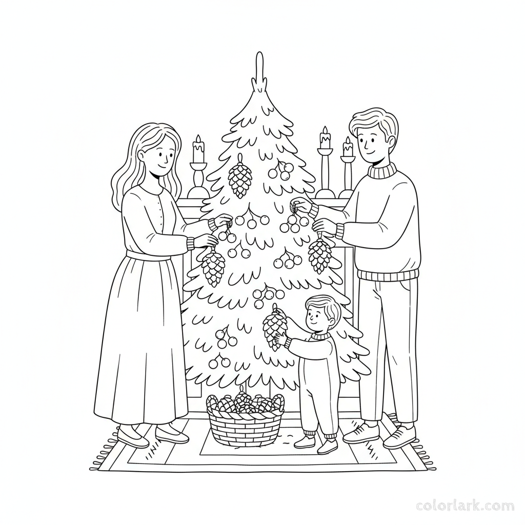 Black and white line art of a family hanging pinecone and berry ornaments on a natural-themed Christmas tree.