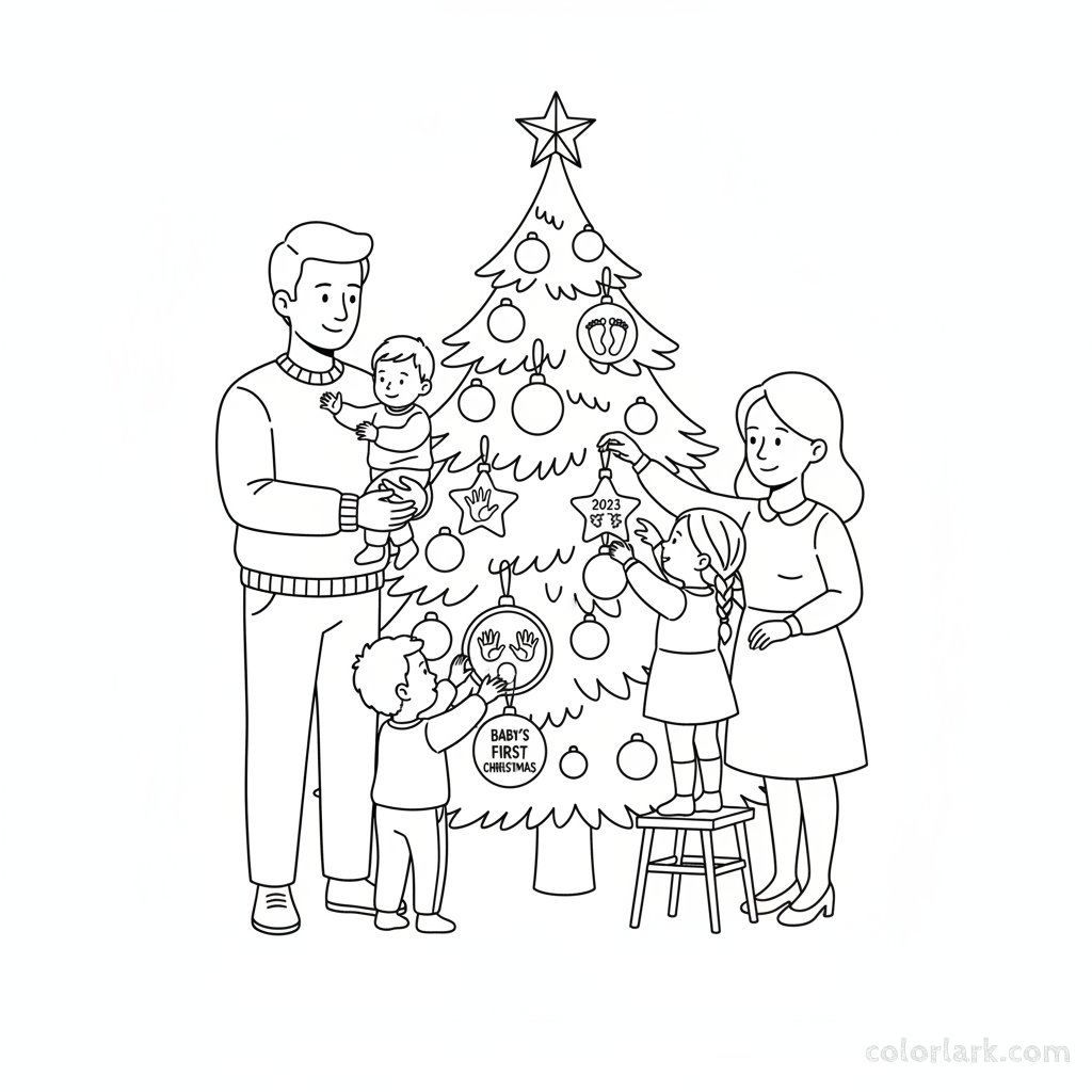 Black and white line art of a family hanging sentimental handprint and footprint ornaments on a beloved Christmas tree.