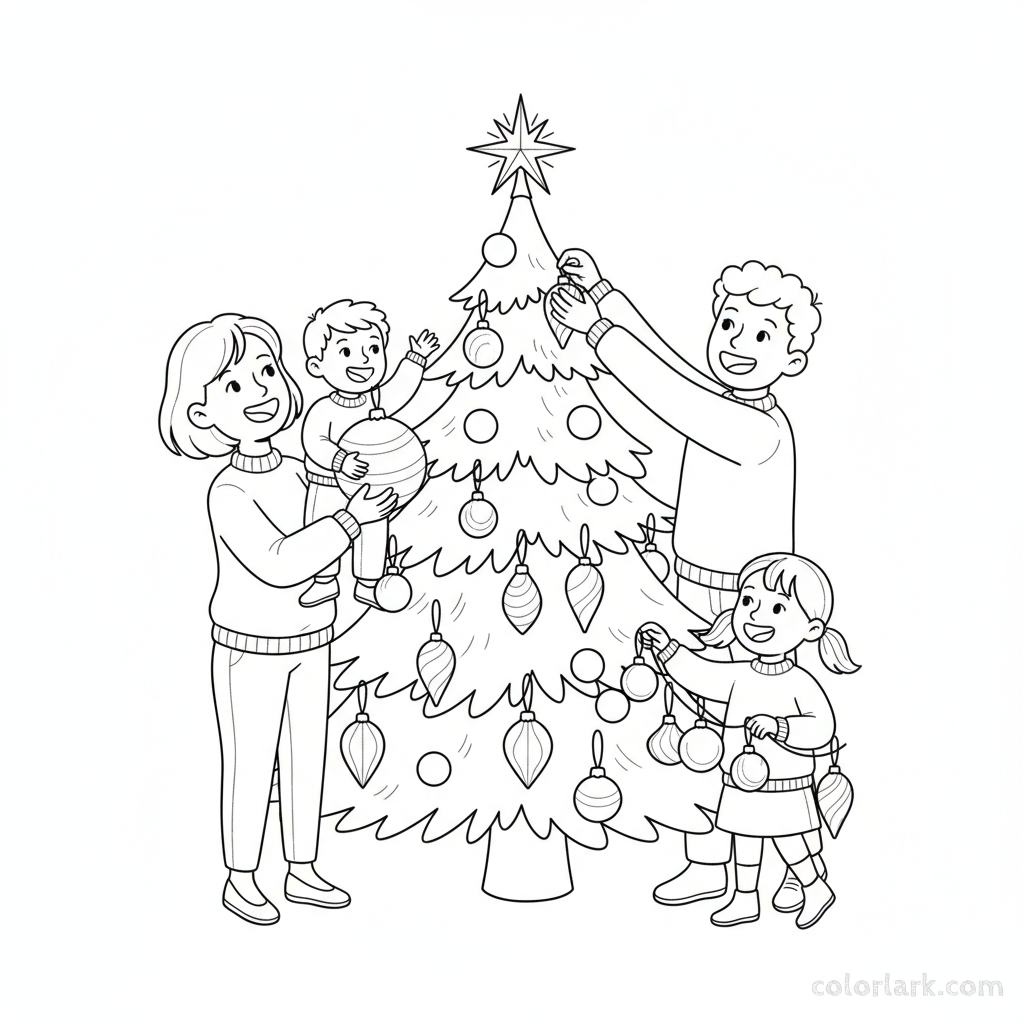 Black and white line art of a family hanging shiny balloon-shaped ornaments on a playful Christmas tree.