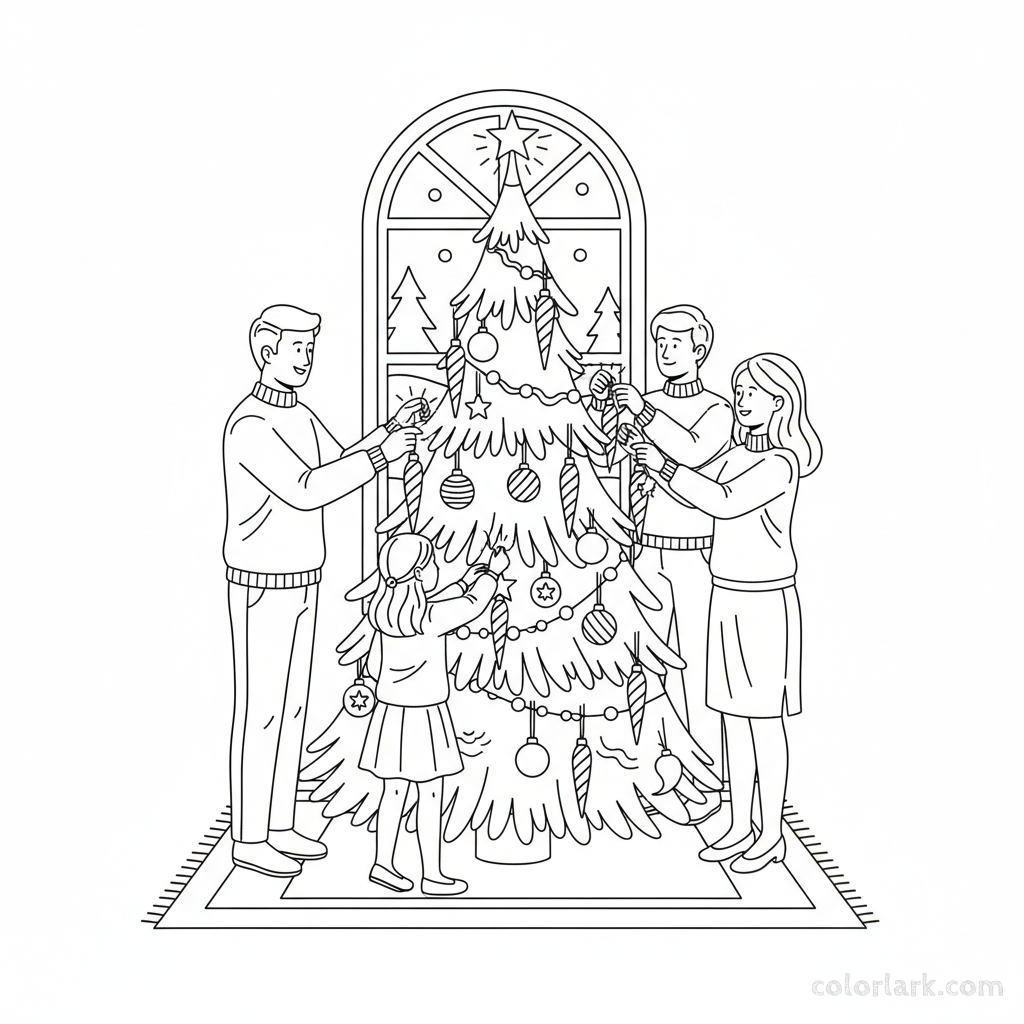 Black and white line art of a family hanging shiny icicle ornaments on a sparkling Christmas tree.