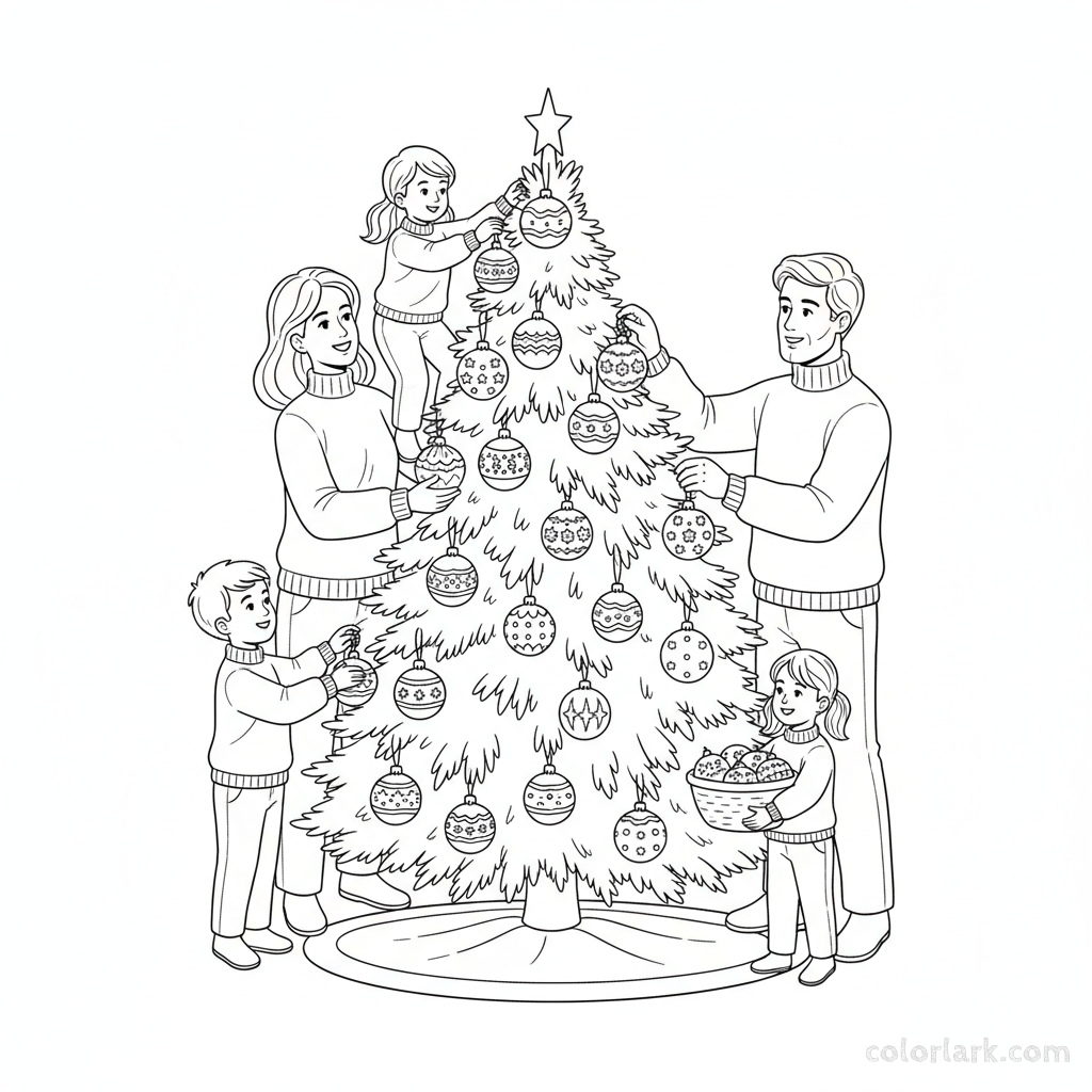 Line art of a family hanging traditional glass ball ornaments on a classic Christmas tree.