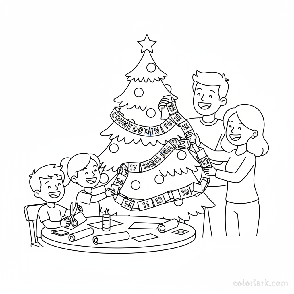 Black and white line art of a family making a 'Countdown to Christmas' chain and hanging it on the tree.