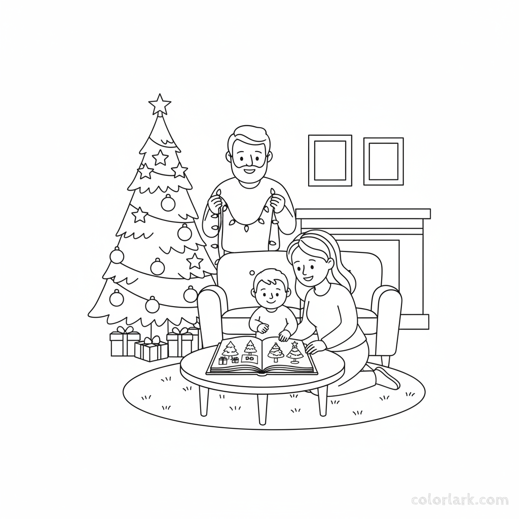Line art of a family looking at a photo album of past Christmas trees while decorating the current one.