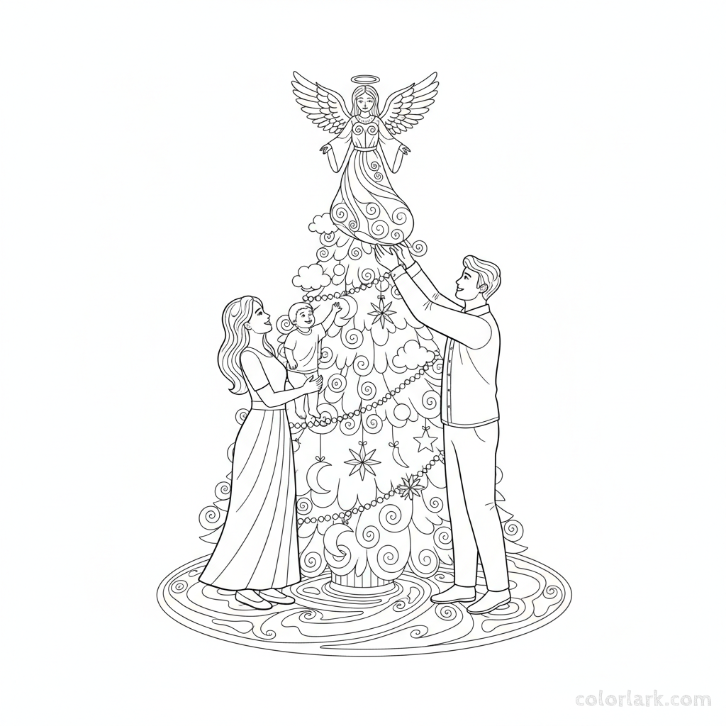 Black and white line art of a family placing a majestic angel topper on a celestial-themed Christmas tree.