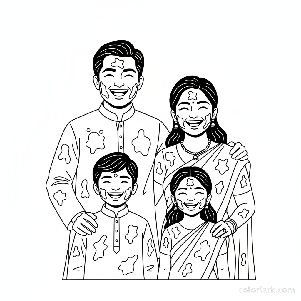 Family portrait smiling, covered in vibrant Holi colors, free printable coloring page.