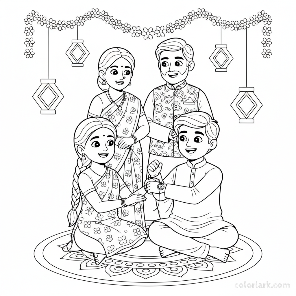 Line art of a family celebrating Rakshabandhan with parents and siblings