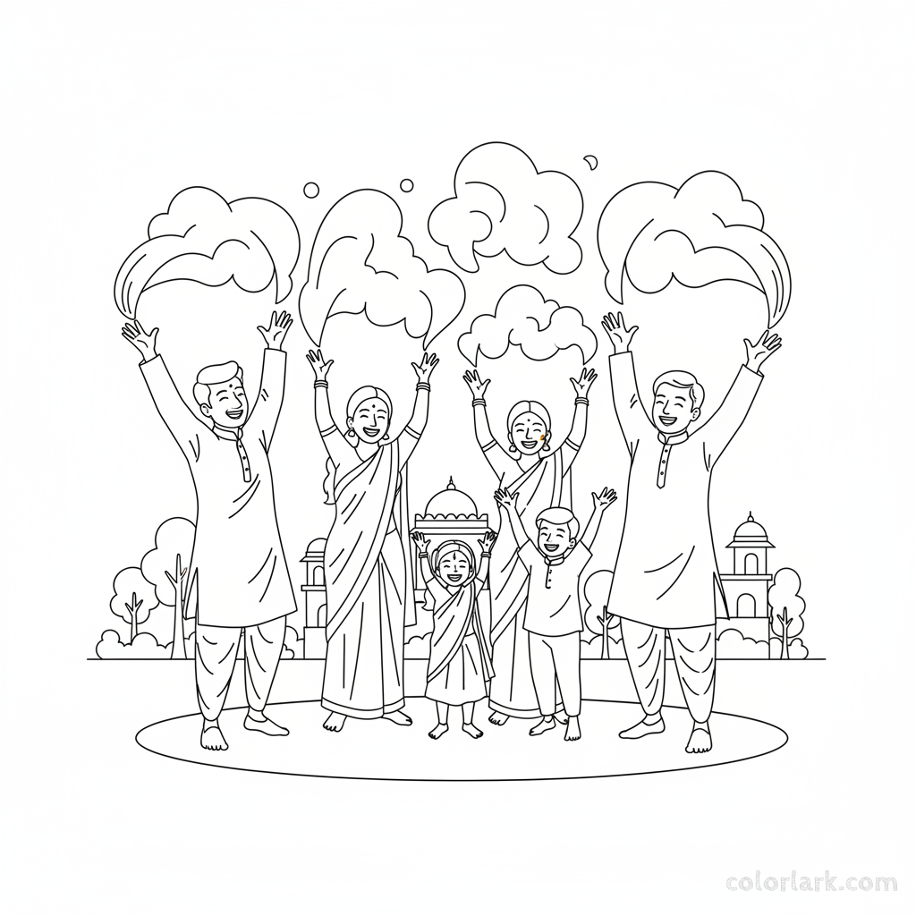 Free printable coloring page of a family joyfully throwing colorful gulal powder during Holi.