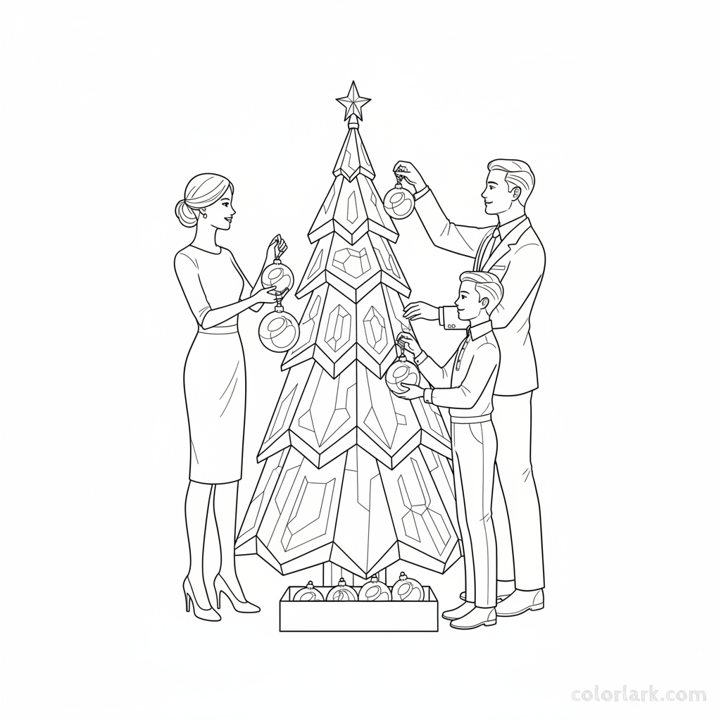 Black and white line art of a family unpacking and hanging clear glass ball ornaments on a dazzling Christmas tree.