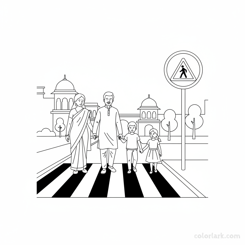 Black and white line art of an Indian family walking towards an Indian pedestrian crossing warning sign.