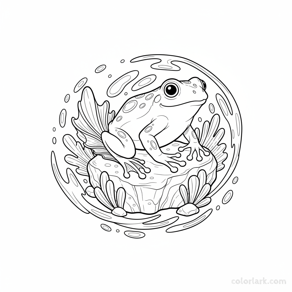 Black and white line art of a fantastical sea frog with gilled legs on a coral-like rock.