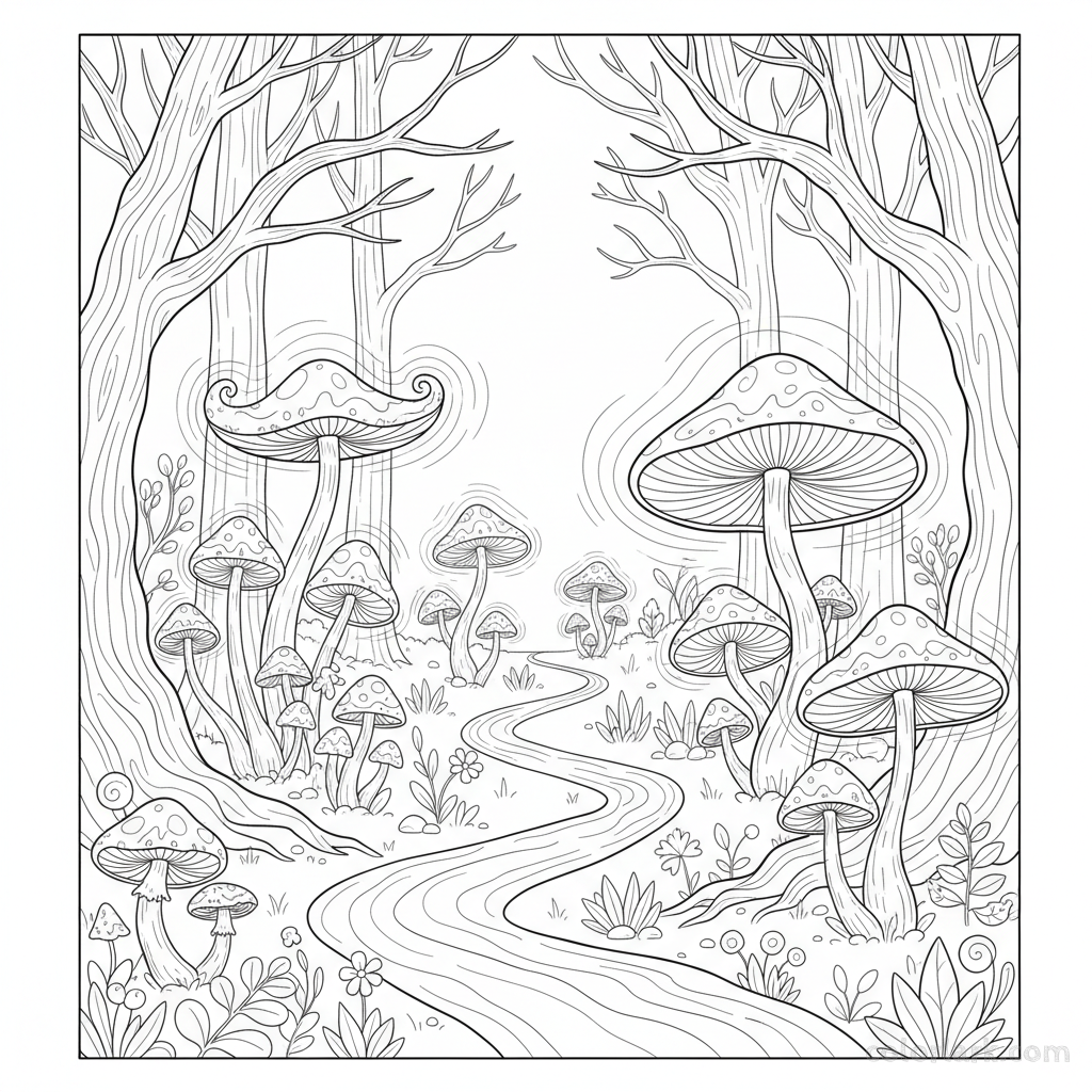 Black and white line art of a winding forest path illuminated by fantastical, glowing mushrooms and ancient trees, for coloring.
