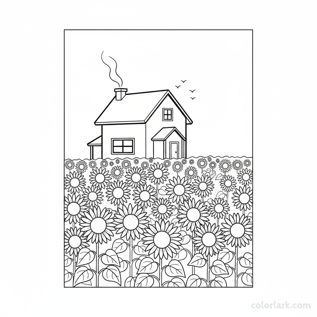 Black and white line art of a farmhouse behind a field of sunflowers