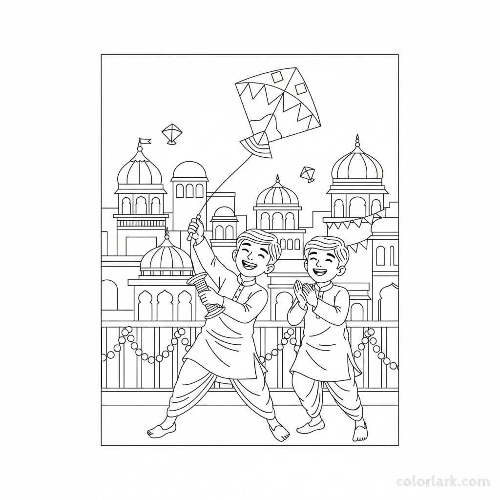 Line art of festive Indian boys enjoying kites on an Indian city terrace, for coloring.