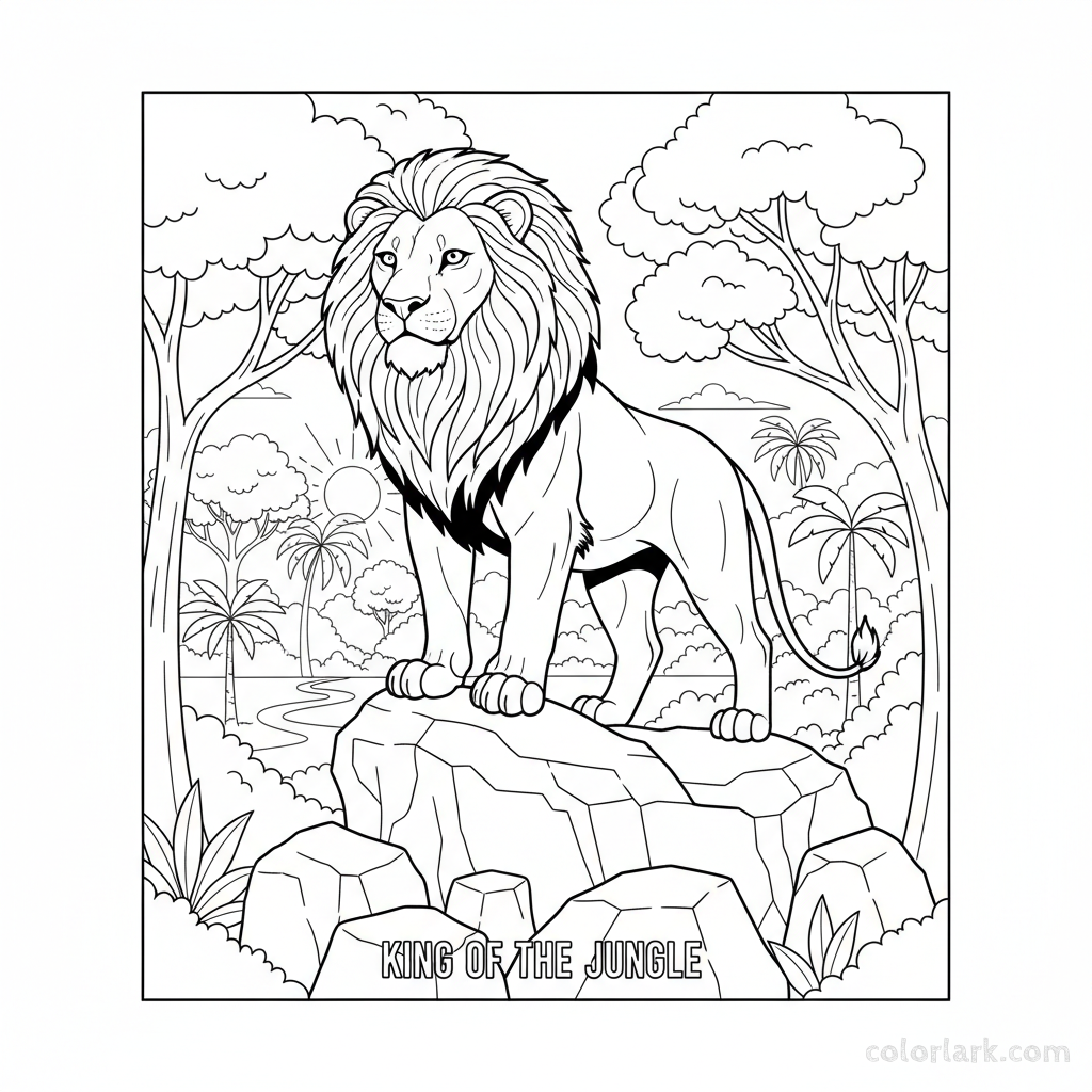 Black and white line art of a fierce lion guarding its territory from a high rock in India