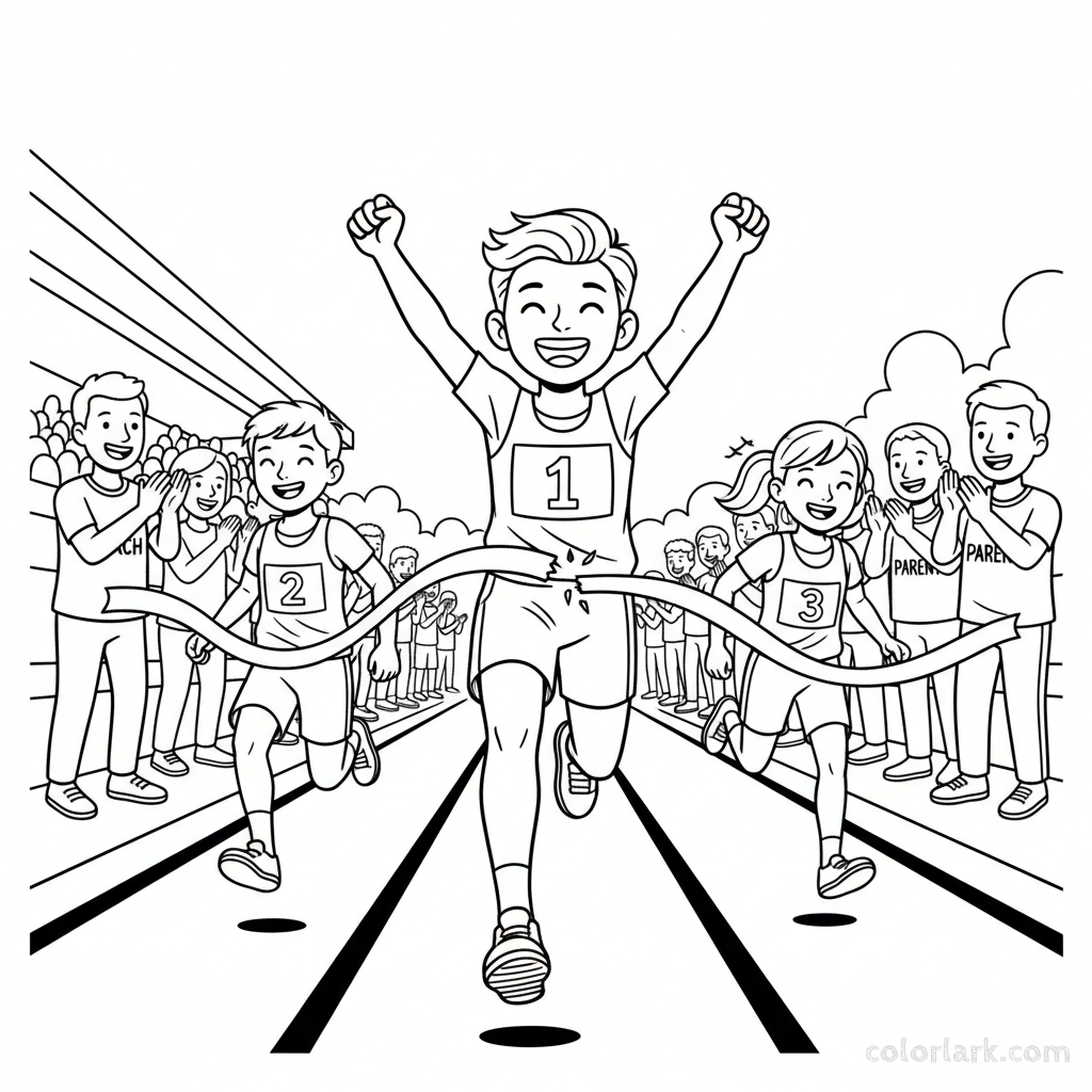 Line art of a kid runner crossing the finish line for first place, with a cheering crowd