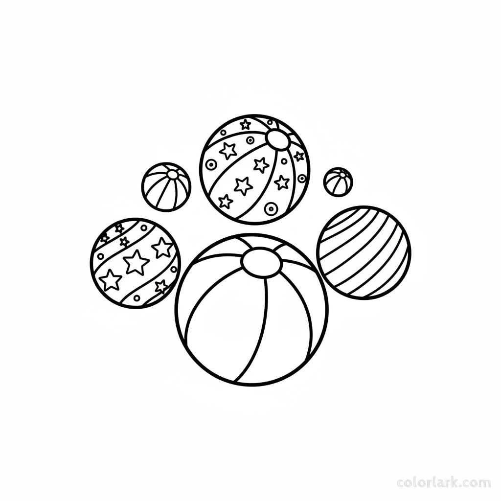 A black-and-white line art illustration showing five colorful bouncy balls, ideal for a number 5 counting and coloring activity.