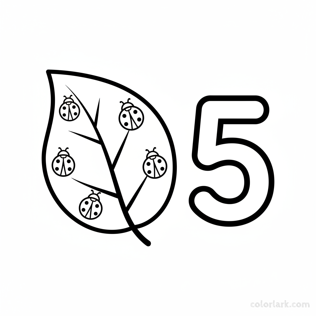 Black and white line art coloring page of five ladybugs on a leaf, with the number 5.