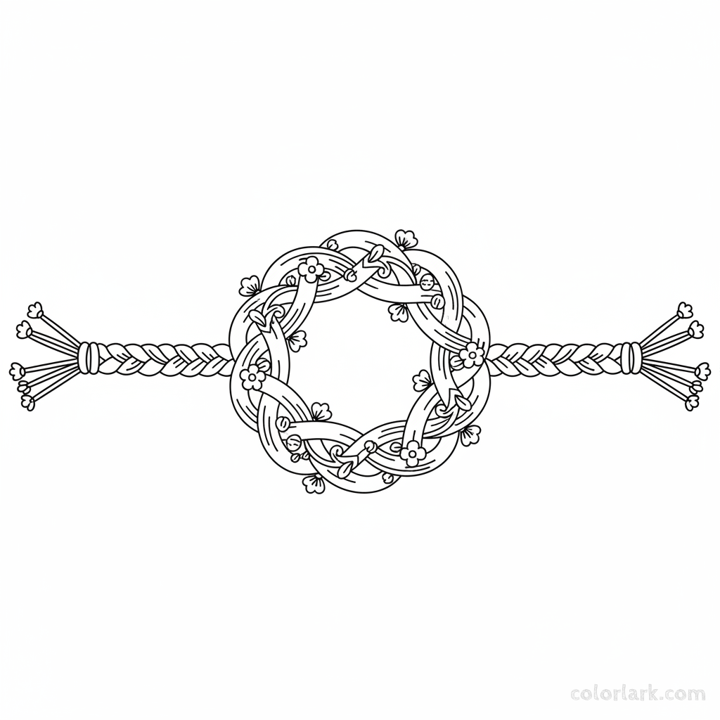 Black and white line art of a floral braid pattern Rakhi with delicate vines and flowers, resembling an elegant weave for coloring.