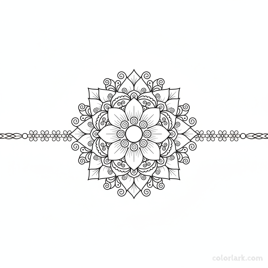 Black and white line art of a symmetrical floral mandala Rakhi with interconnected petals for relaxing coloring.