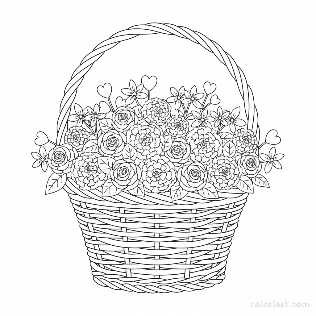 Black and white line art of a simple wicker basket overflowing with a variety of seasonal Indian flowers.