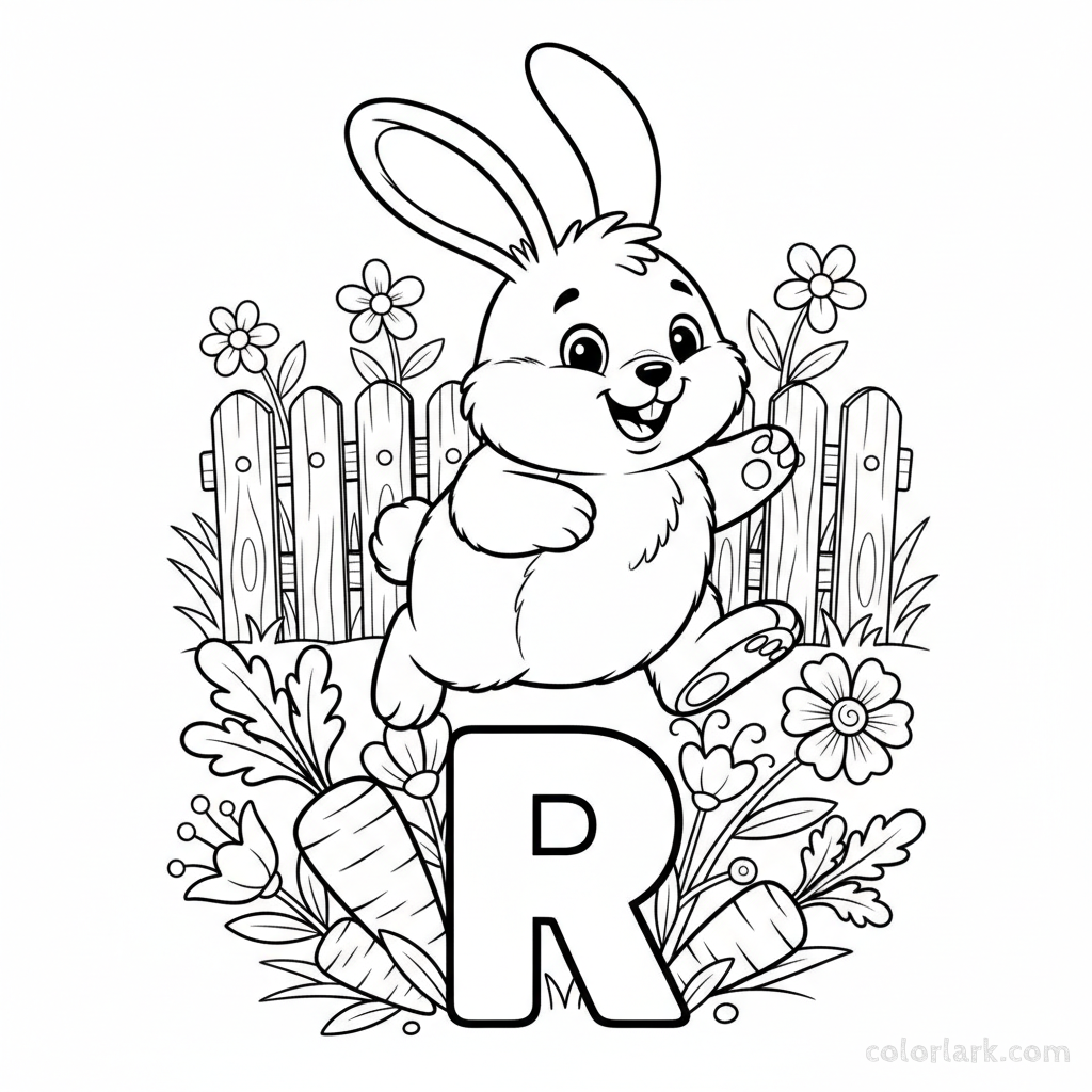 Black and white line art of a fluffy rabbit hopping around the letter R in a garden.