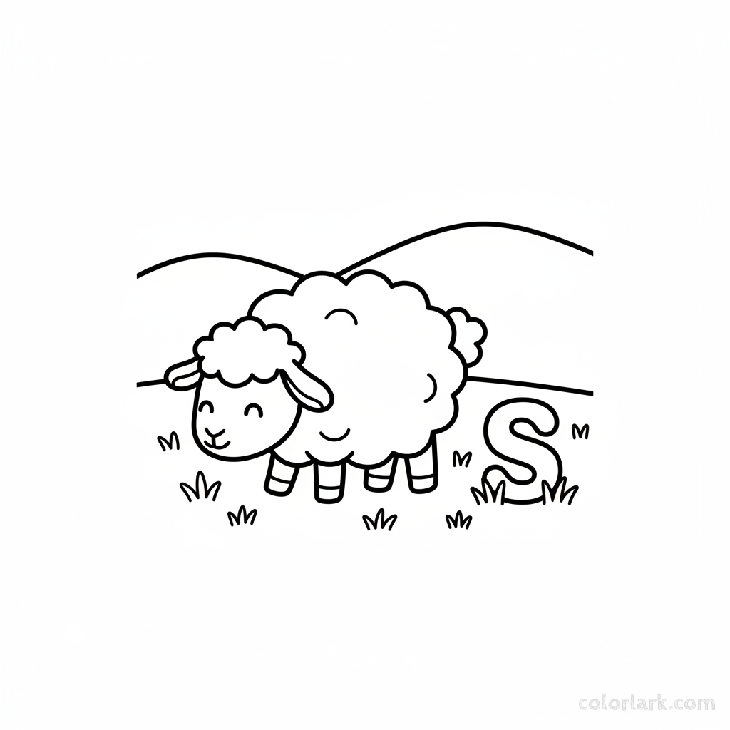 Black and white line art of a fluffy sheep grazing by the letter S.