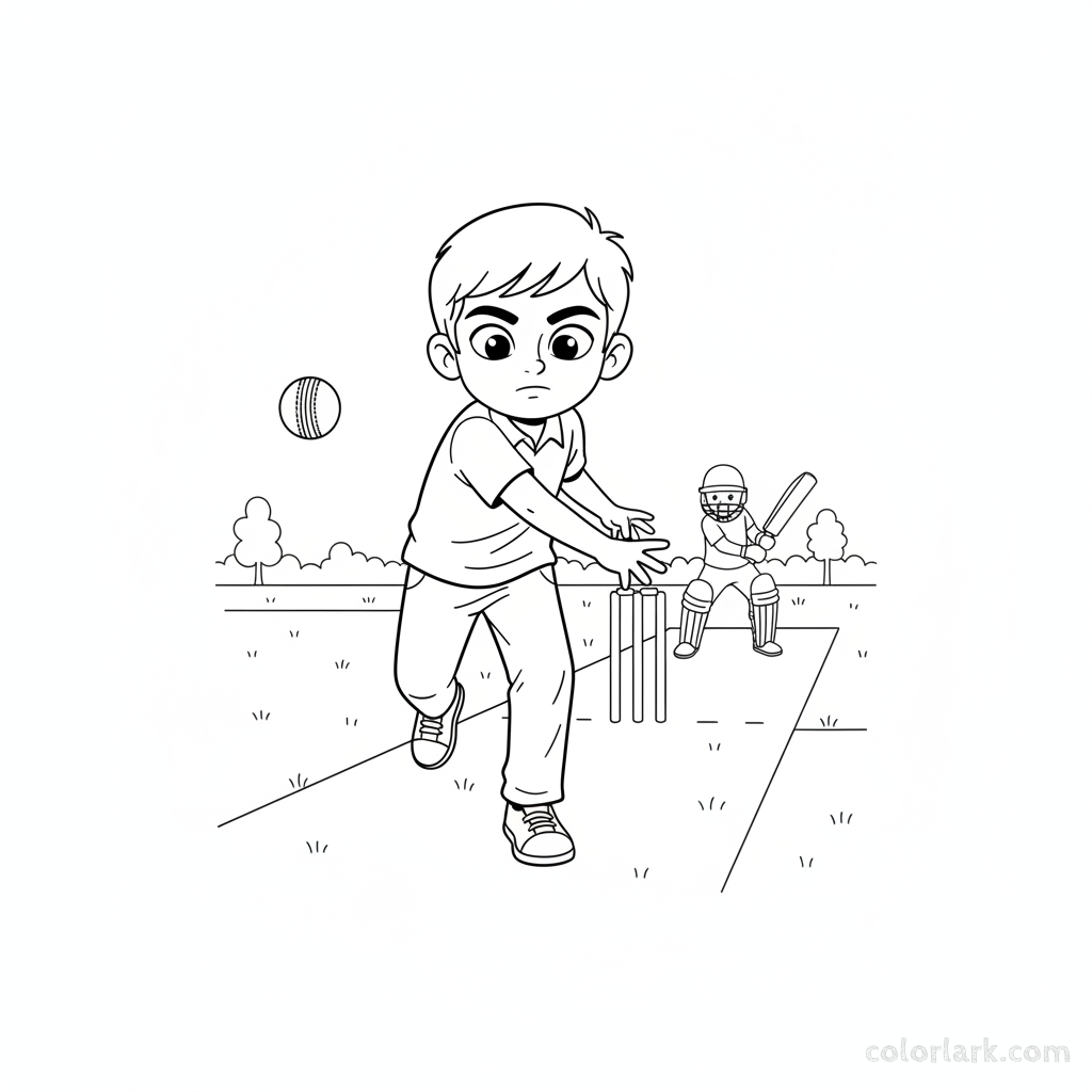 Line art coloring page of an Indian boy bowler with intense focus, releasing the cricket ball.