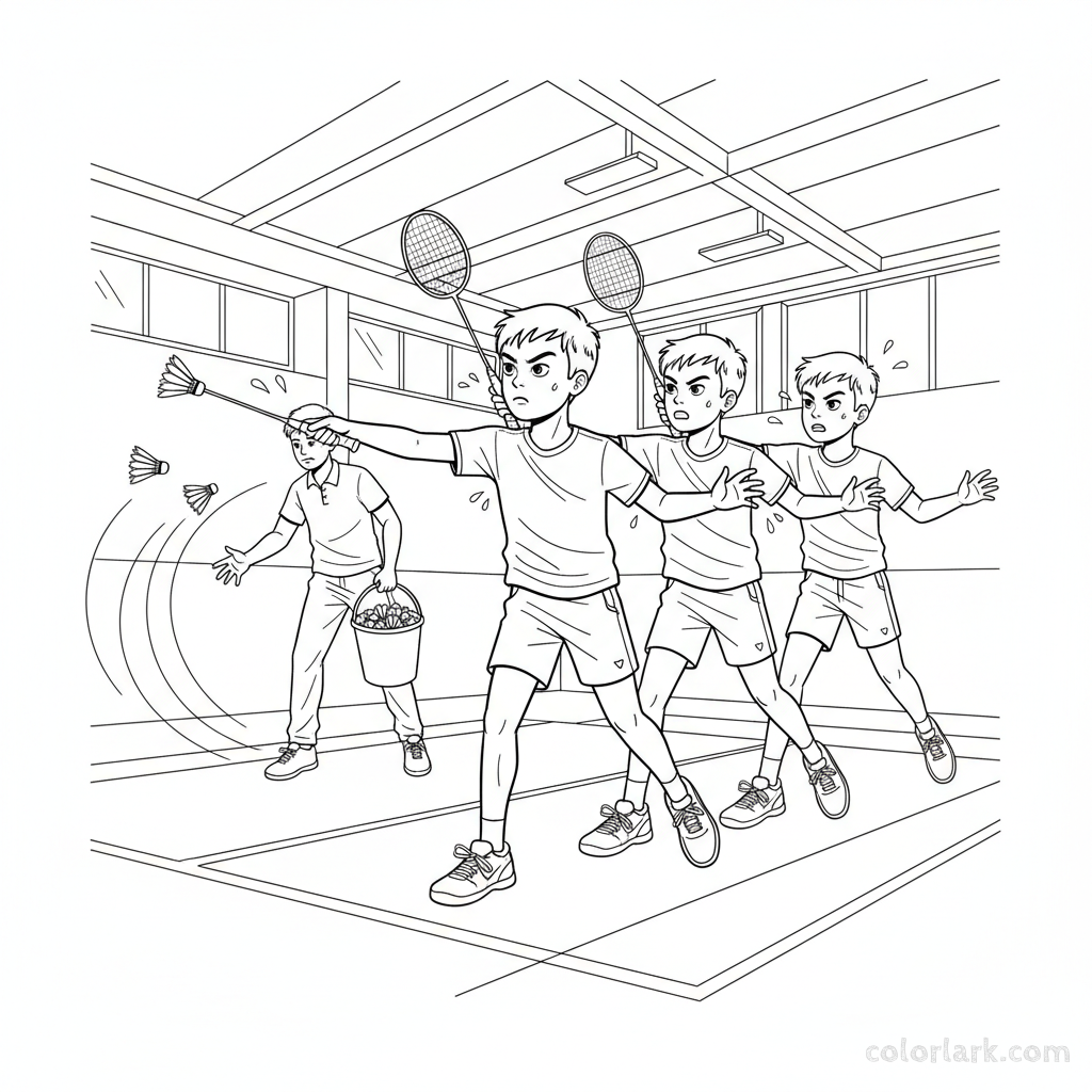 Line art of a focused boy doing badminton smash drills with a coach.