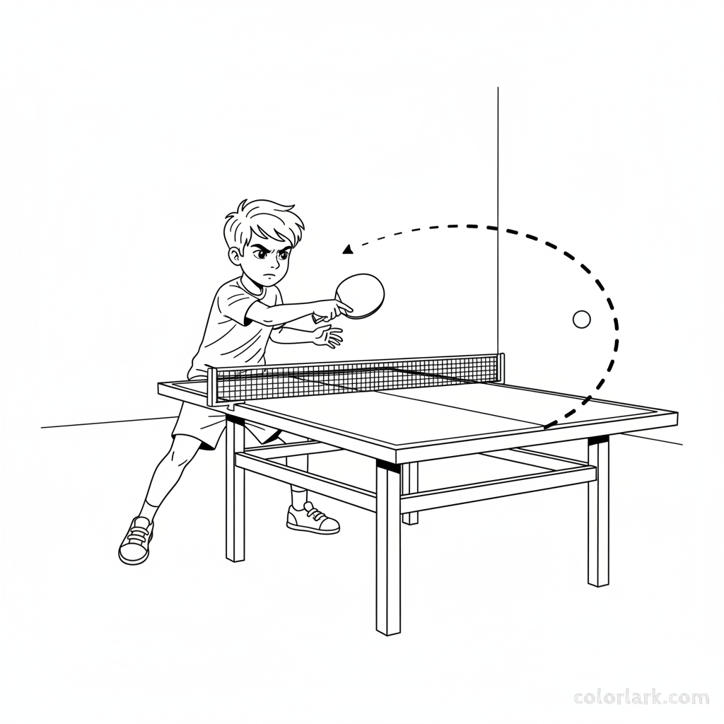 Line art of a focused boy demonstrating strategic backhand placement in table tennis.