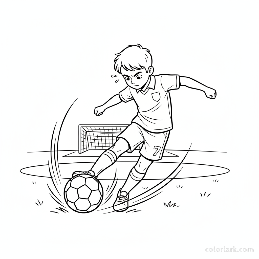 Line art of a focused child footballer making a powerful kick.